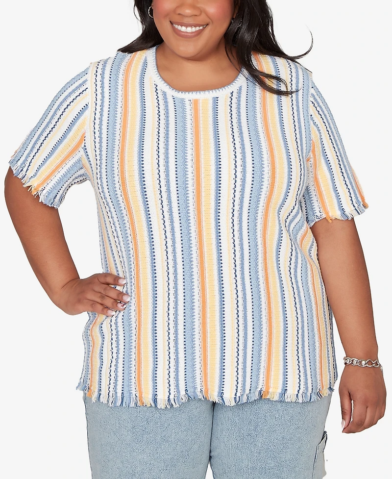 Alfred Dunner Plus Out of the Blue Textured Fringe Stripe T-Shirt