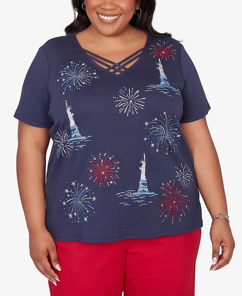 Alfred Dunner Plus Lady Liberty Statue Of Fireworks V-Neck T-Shirt
