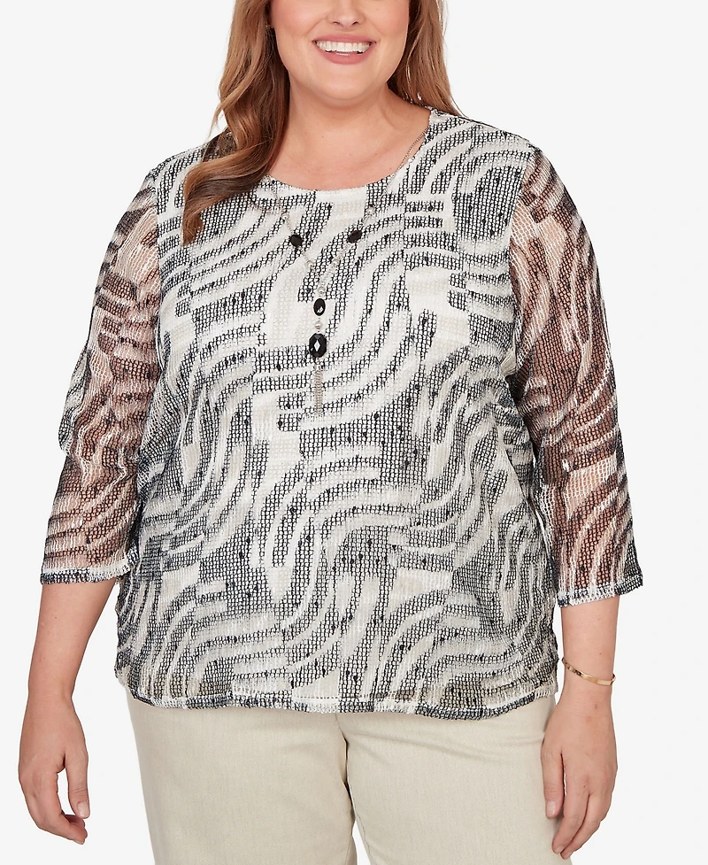 Alfred Dunner Plus Detail Driven Animal Popcorn Embellished Top with Necklace