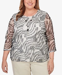 Alfred Dunner Plus Detail Driven Animal Popcorn Embellished Top with Necklace