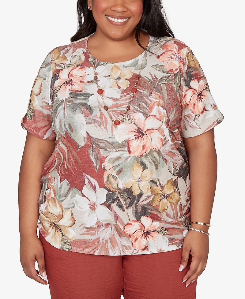 Alfred Dunner Plus Spice Market Dramatic Floral T-Shirt with Necklace
