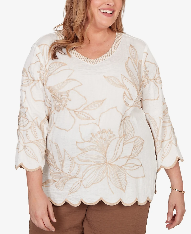 Alfred Dunner Plus Spice Market Embroidered Floral V-Neck Textured Top