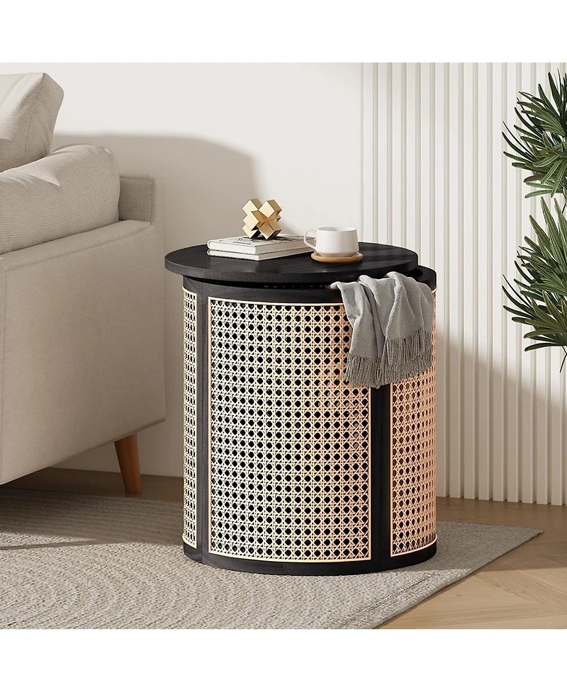 Rainsken Round Solid Wood Nightstand, Hollow Woven Bedside Table, Compact Accent End Table for Living Room, Bedroom, Home Office