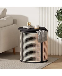 Rainsken Round Solid Wood Nightstand, Hollow Woven Bedside Table, Compact Accent End Table for Living Room, Bedroom, Home Office