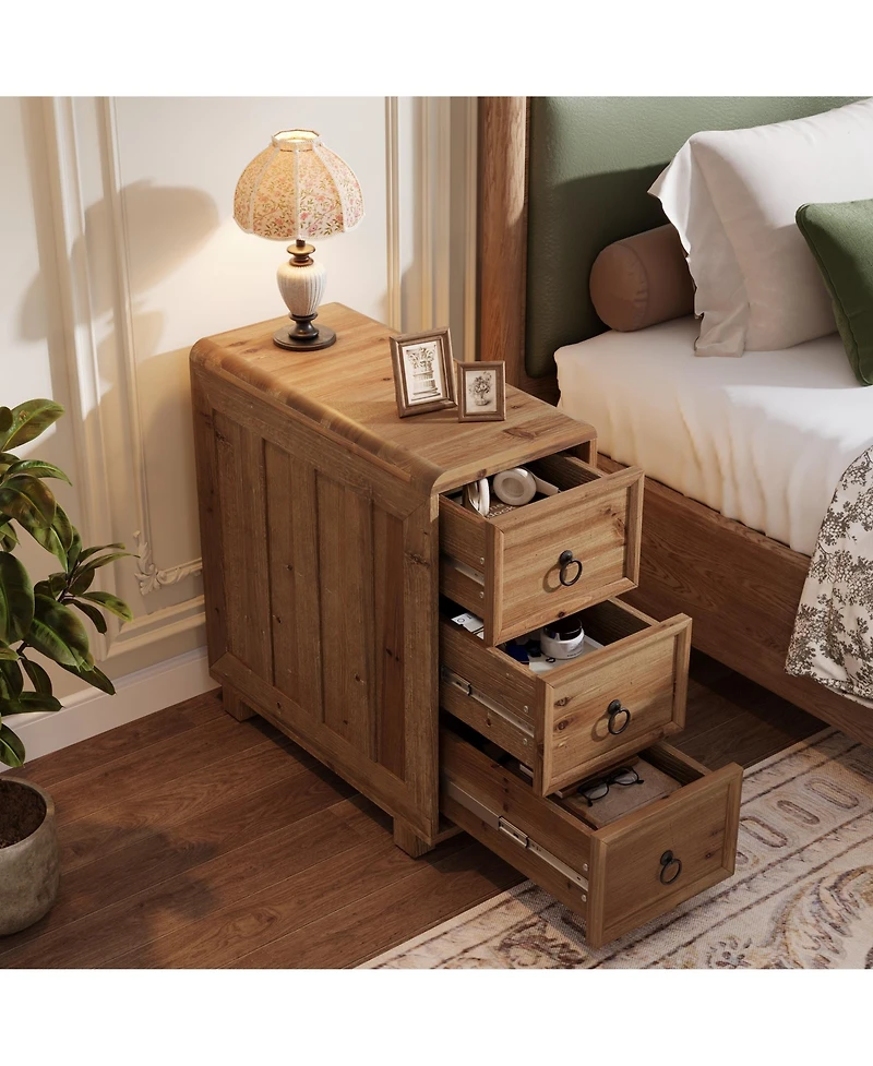Tribesigns Solid Wood End Table with 3 Drawers Set of 2, Narrow Sofa Side Table Nightstand Storage Cabinet for Living Room Bedroom Office