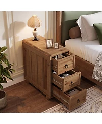 Tribesigns Solid Wood End Table with 3 Drawers Set of 2, Narrow Sofa Side Table Nightstand Storage Cabinet for Living Room Bedroom Office