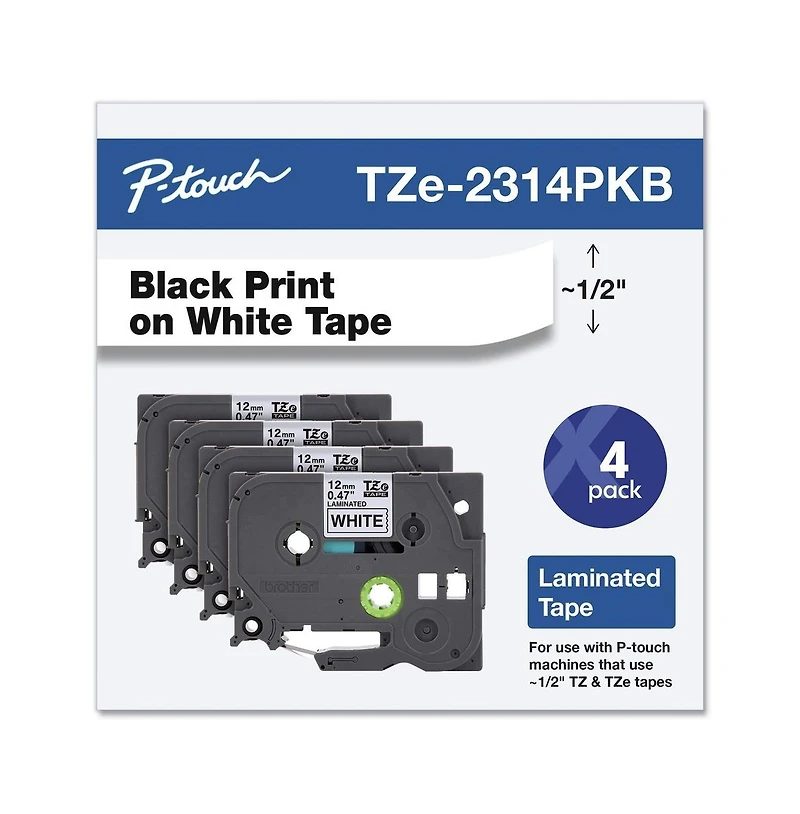 Brother P-Touch TZE2314PKB 0.5 in. TZe Series Standard Adhesive Laminated Labeling Tape(4/Pack