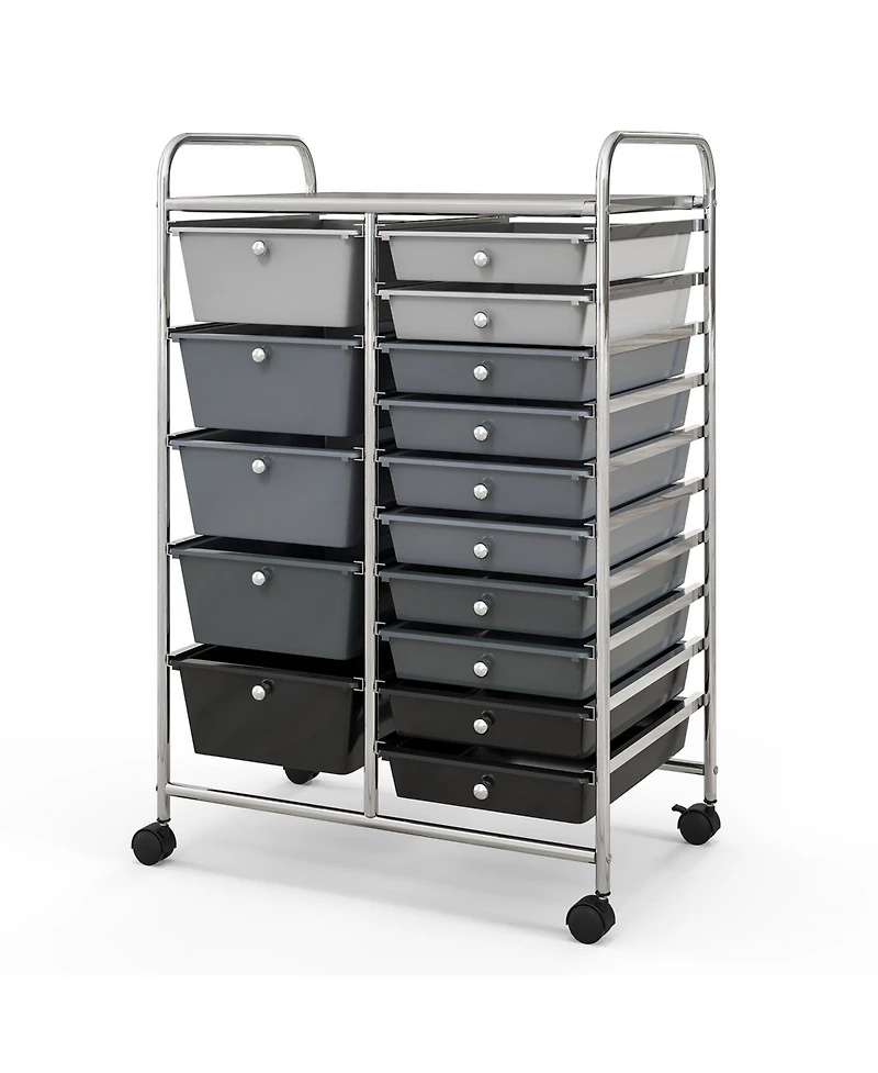 Gouun 15-Drawer Rolling Utility Cart with Chrome Frame and Mixed Drawer Sizes