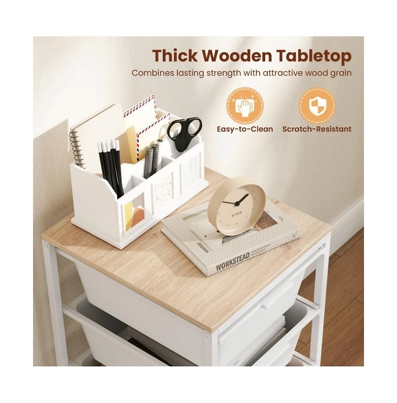 Gouun 4-Drawer Rolling Storage Cart with Wooden Tabletop