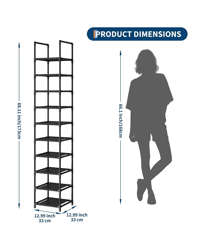 Homfan 10 Tier Metal Shoe Rack with Adjustable Fabric Shelves, 11.02 x 17.72 x 68.11/13 x 13 x 68.11 in Tall Storage for Closet and Entryway