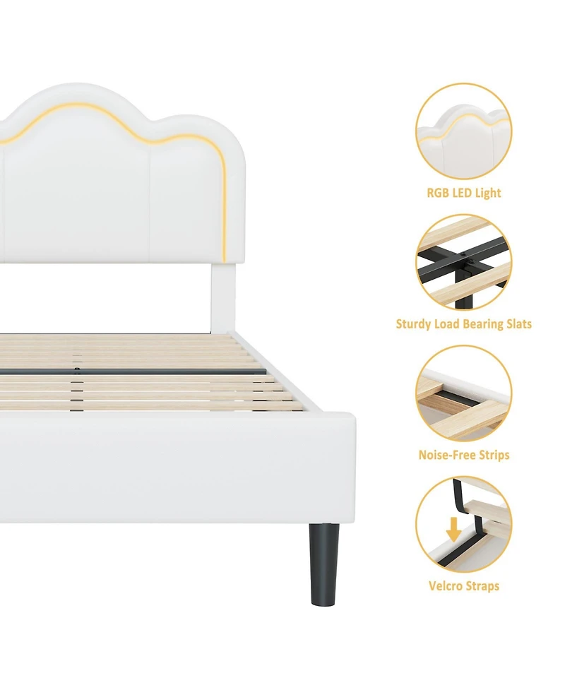 Modern Twin Upholstered Platform Bed Frame, Adjustable Mountain Headboard, Built-in Drawer Storage, Sturdy Wooden Slats, Rgb Led Neon Lighting