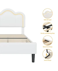 Modern Twin Upholstered Platform Bed Frame, Adjustable Mountain Headboard, Built-in Drawer Storage, Sturdy Wooden Slats, Rgb Led Neon Lighting