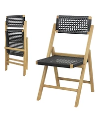 Gymax 2PCS Folding Chairs w/ Woven Rope Seat and High Back Indonesia Teak Patio