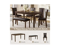 sumyeg 6-Piece Dark Walnut Farmhouse Dining Set with Wood Table Bench and Chairs