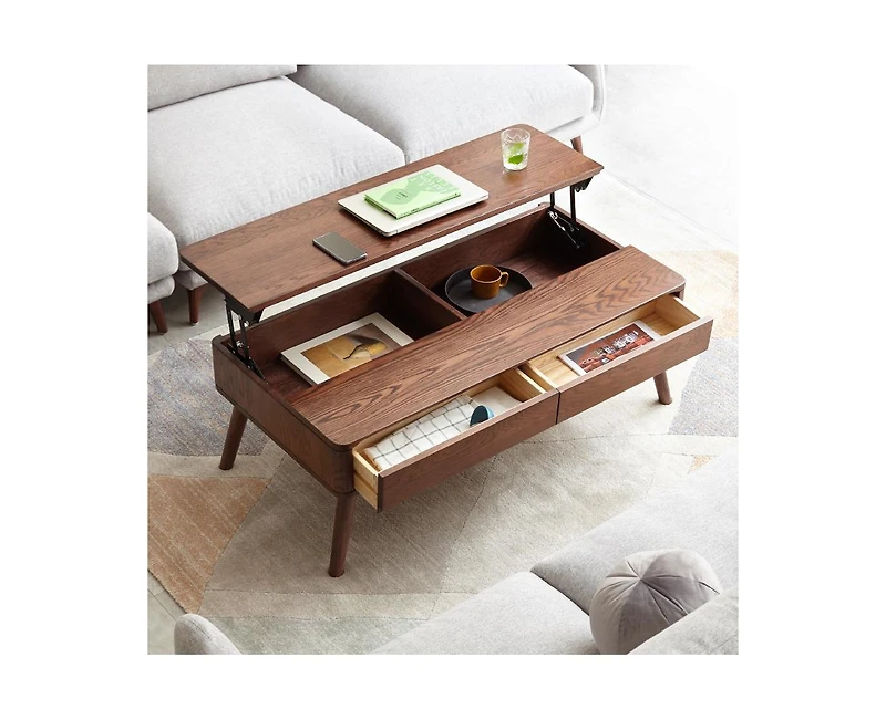 sumyeg Elevating Solid Oak Wood Center Coffee Table with Storage Shelf