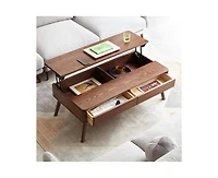sumyeg Elevating Solid Oak Wood Center Coffee Table with Storage Shelf