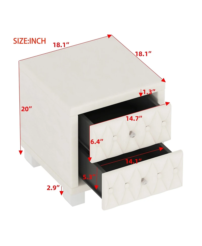 sumyeg Nightstand with Crystal Handle 2-Drawer Button-Tufted Bedside Table