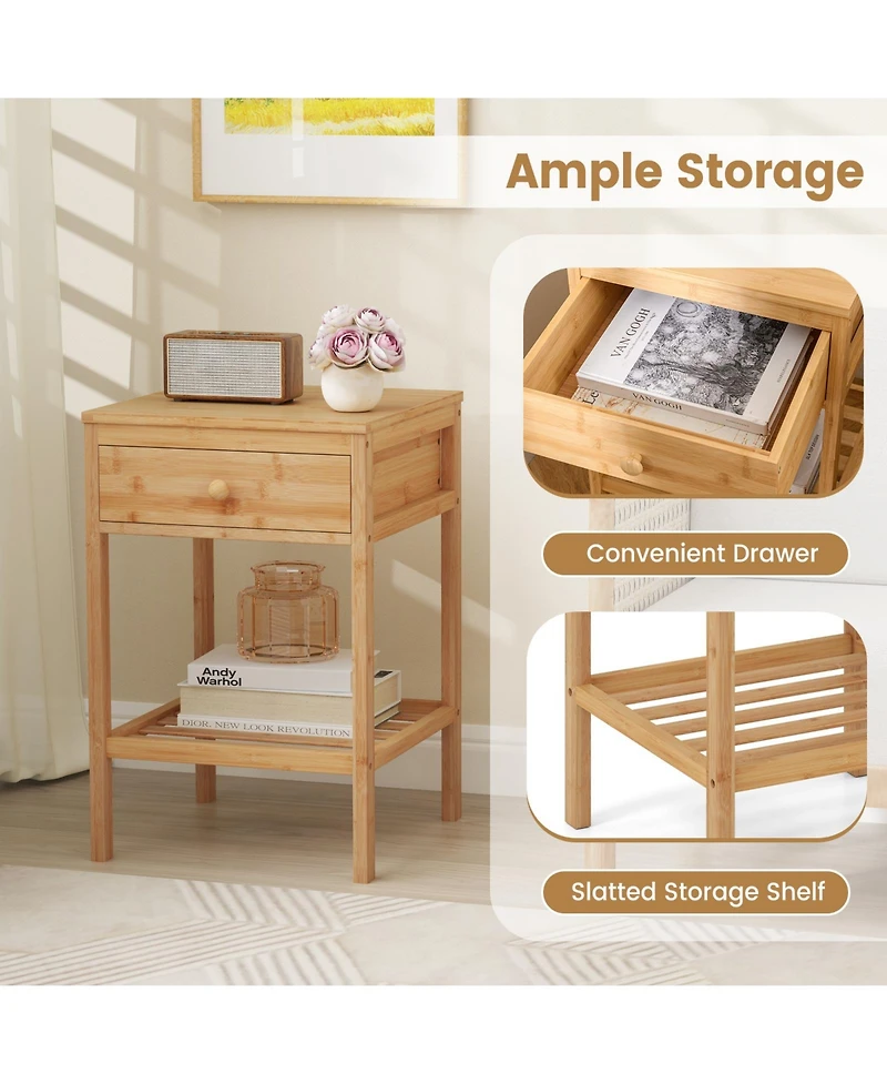 sumyeg Set of 1/2 Bamboo Nightstand Bedside Table with Storage Drawer and Open Shelf-2 pieces