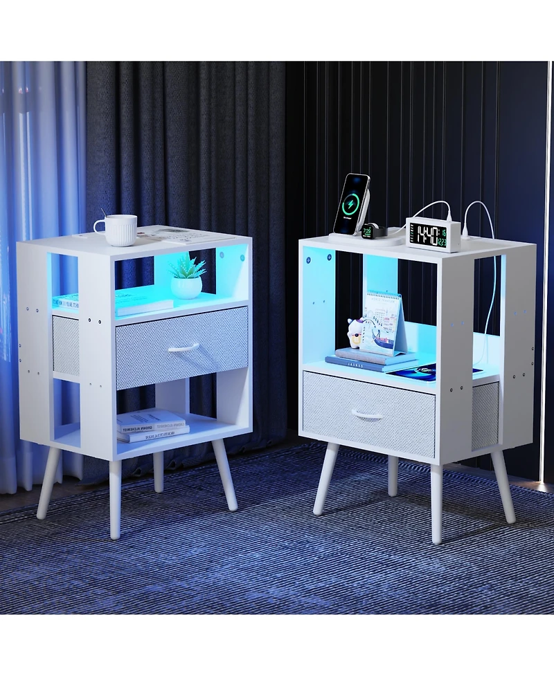 sumyeg Modern Nightstand Set of 2 with Charging Station, Led Light and Fabric Drawers