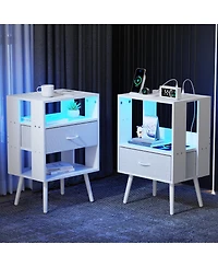sumyeg Modern Nightstand Set of 2 with Charging Station, Led Light and Fabric Drawers