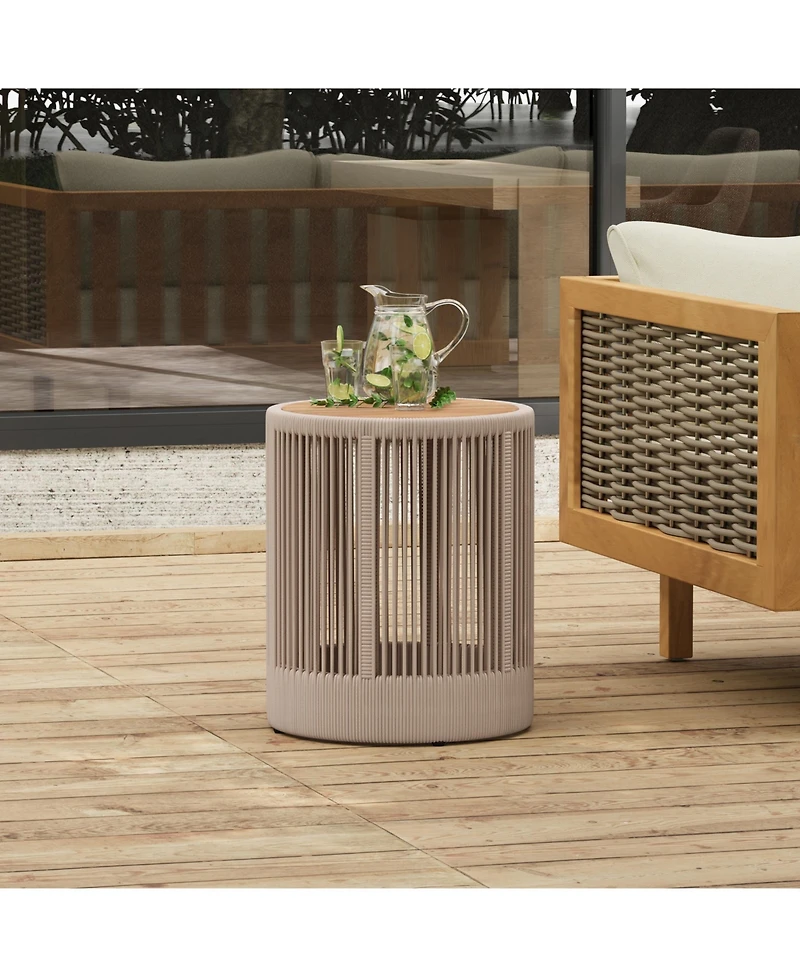 sumyeg Outdoor Rattan Rope and Acacia Wood Side Table for Patio, Balcony Garden