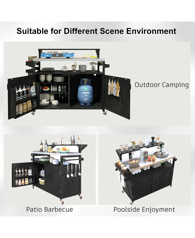 sumyeg 53.3inch Outdoor Kitchen Island with Raised Shelf, Solid Wood Storage Cabinet, Rolling Grill Cart Rack, Adjustable Shelf and Spice Rack
