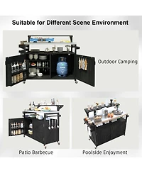 sumyeg 53.3inch Outdoor Kitchen Island with Raised Shelf, Solid Wood Storage Cabinet, Rolling Grill Cart Rack, Adjustable Shelf and Spice Rack
