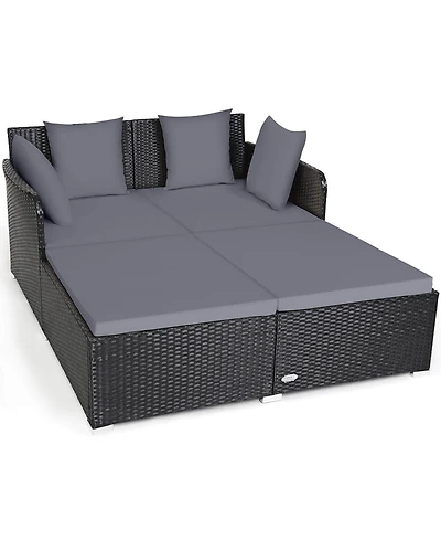 Gymax Patiojoy Outdoor Rattan Daybed Pillows Cushioned Sofa Furniture Patio