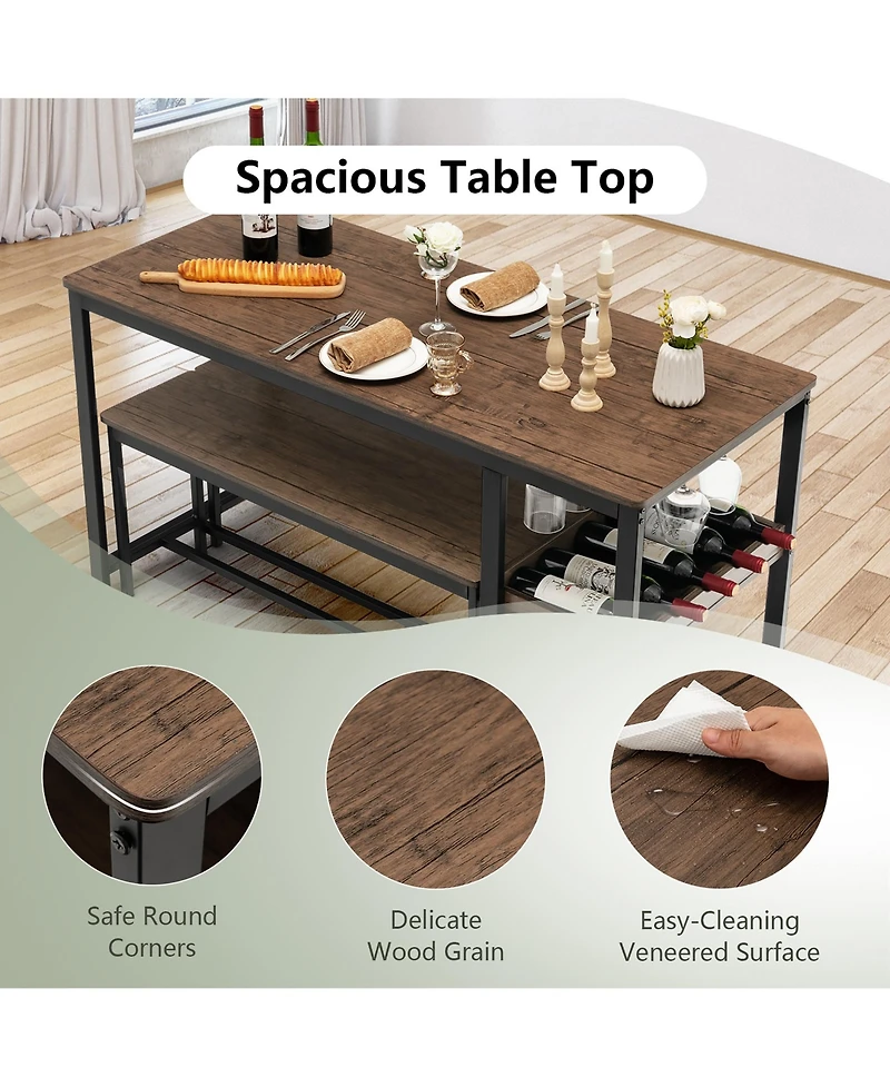 Gymax 3PCS Rustic Kitchen Dining Set Includes Storage Rack w/ Rectangular Table and 2 Benches