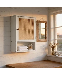 homfan Bathroom Wall Cabinet, Wood Rattan Storage with 3-Tier Shelves and Doors, Medicine Holds 33lbs for Bathroom, Laundry Room