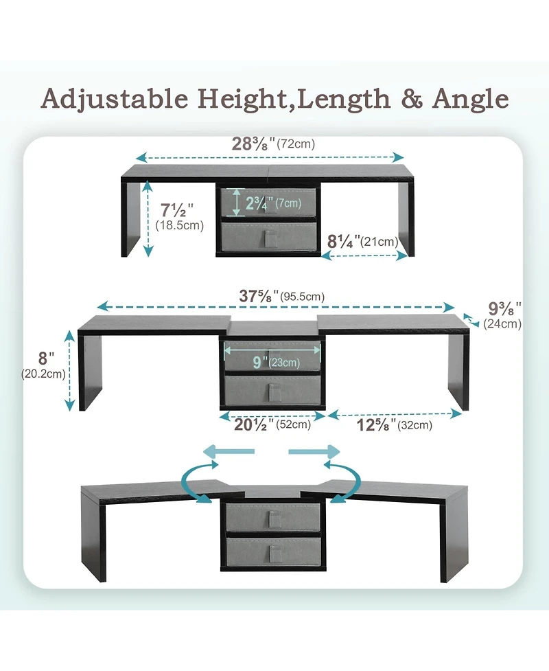 Gnuadz Dual Monitor Stand Riser With Drawers Adjustable Shelf Organizer Wood Desk Storage