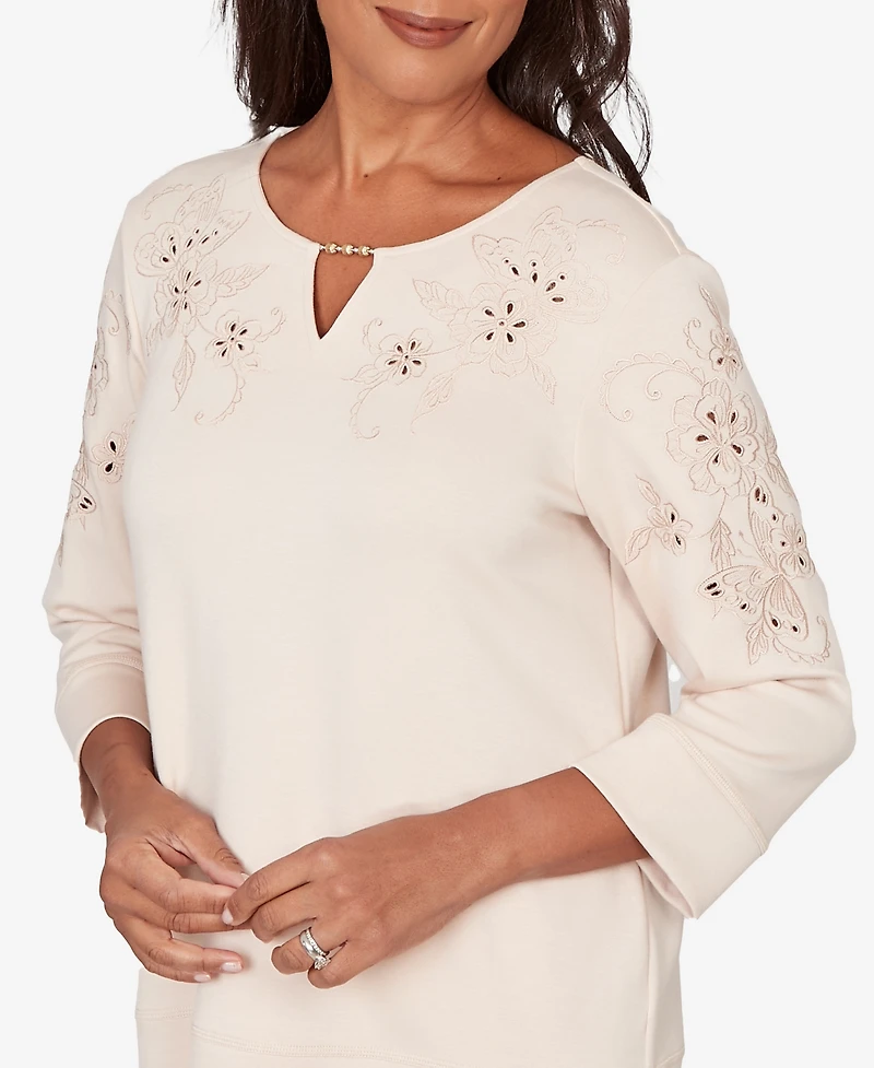 Alfred Dunner Women's Seville Floral Embroidered Beaded Split Neck Top