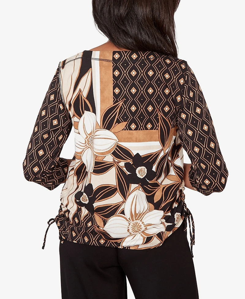Alfred Dunner Women's Seville Floral Geometric Patchwork Side- Tie Crewneck Top