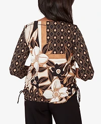 Alfred Dunner Women's Seville Floral Geometric Patchwork Side- Tie Crewneck Top