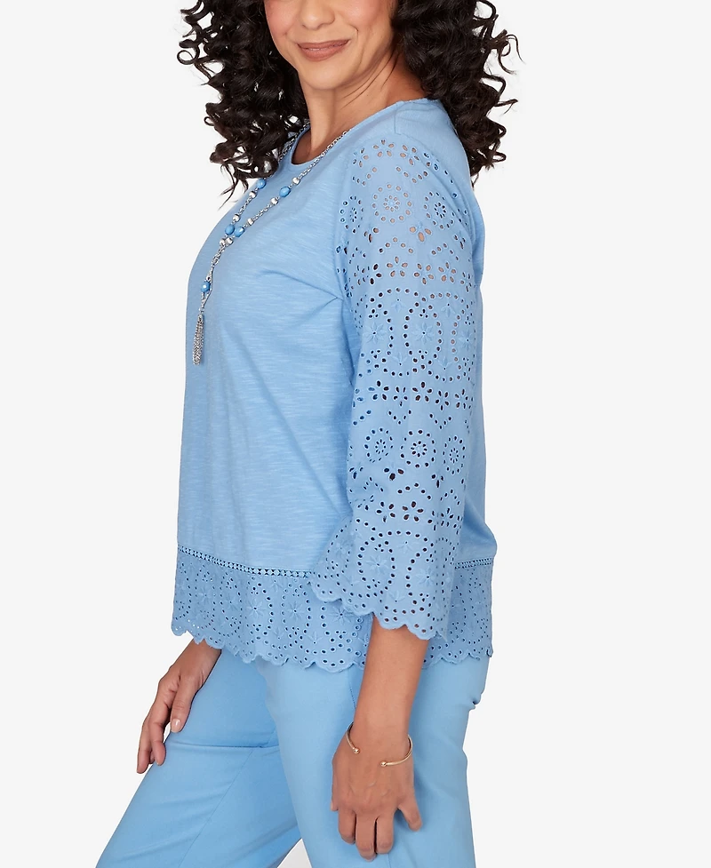 Alfred Dunner Women's St. Augustine Solid Eyelet Trim Crewneck Top with Necklace