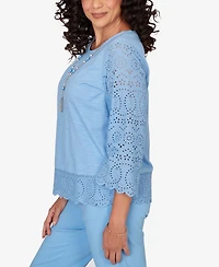 Alfred Dunner Women's St. Augustine Solid Eyelet Trim Crewneck Top with Necklace
