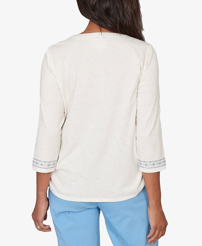 Alfred Dunner Women's St. Augustine Medallion Embroidered Ruched Henley Top