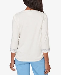 Alfred Dunner Women's St. Augustine Medallion Embroidered Ruched Henley Top