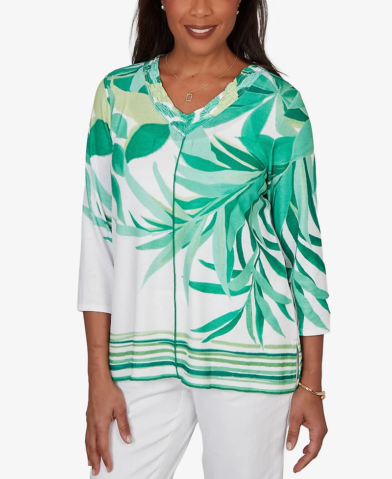 Alfred Dunner Women's Resort Living Artisan Leaf Bordered V-Neck Top