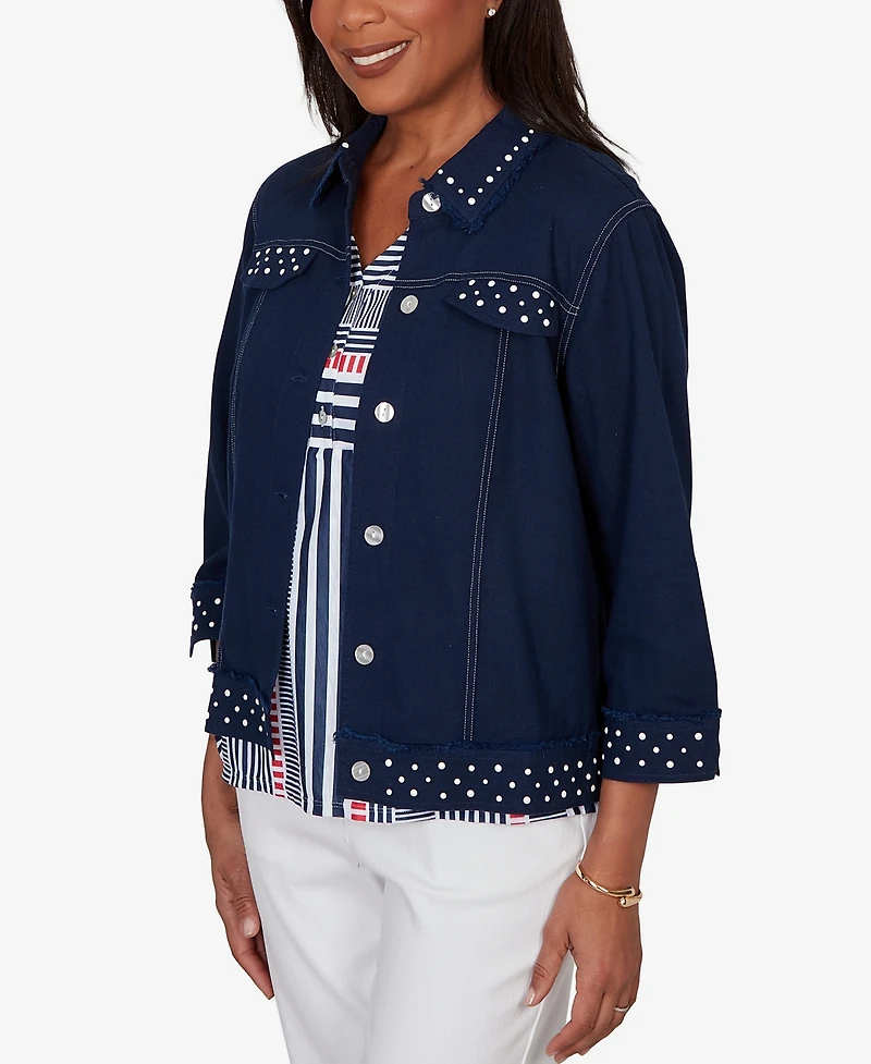 Alfred Dunner Women's Port Side Cultivated Pearl Trim Denim Jacket