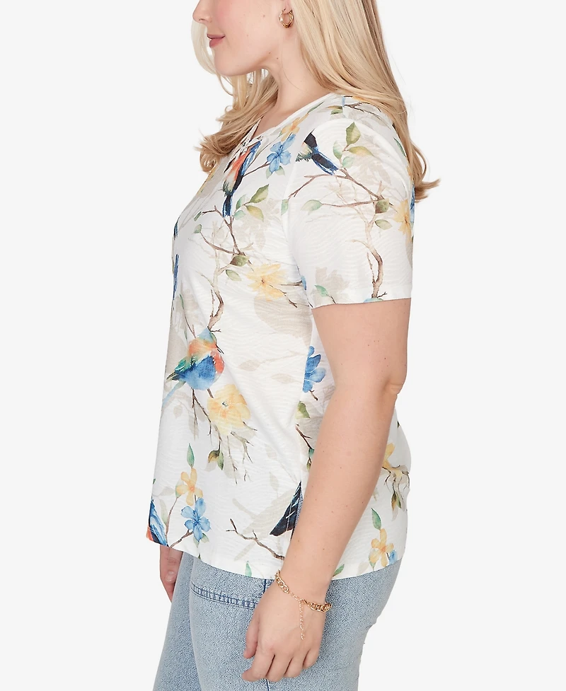 Alfred Dunner Women's Out of the Blue Chickadees Embellished V-Neck Top