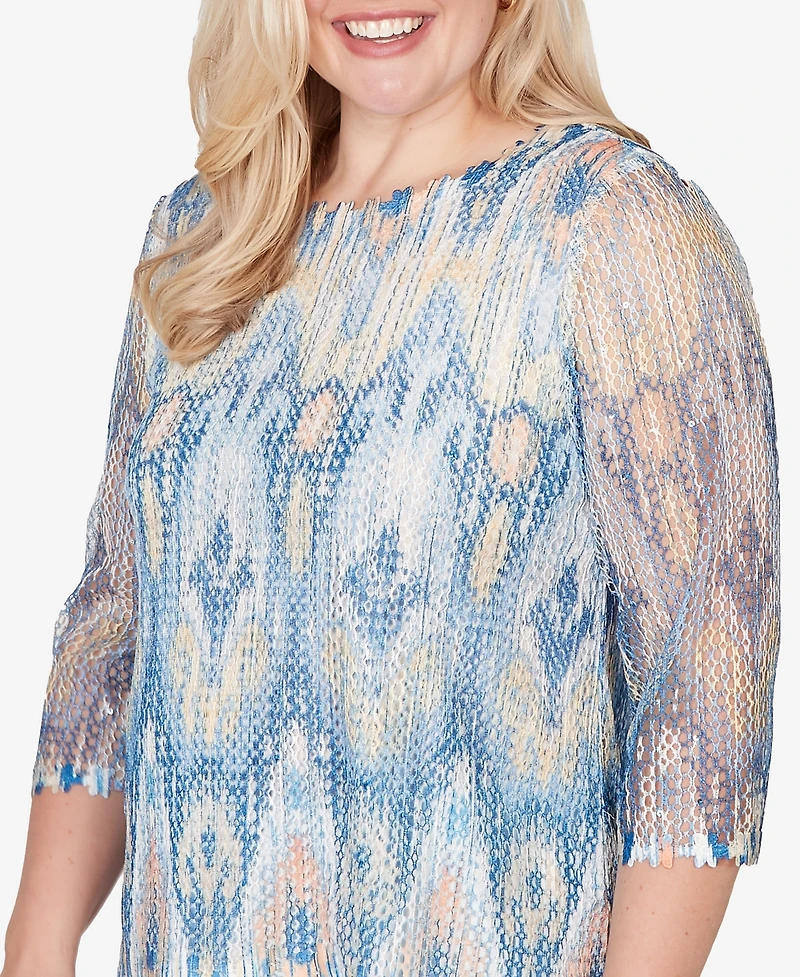 Alfred Dunner Women's Out of the Blue Dramatic Ikat Scallop Trim Crewneck Top