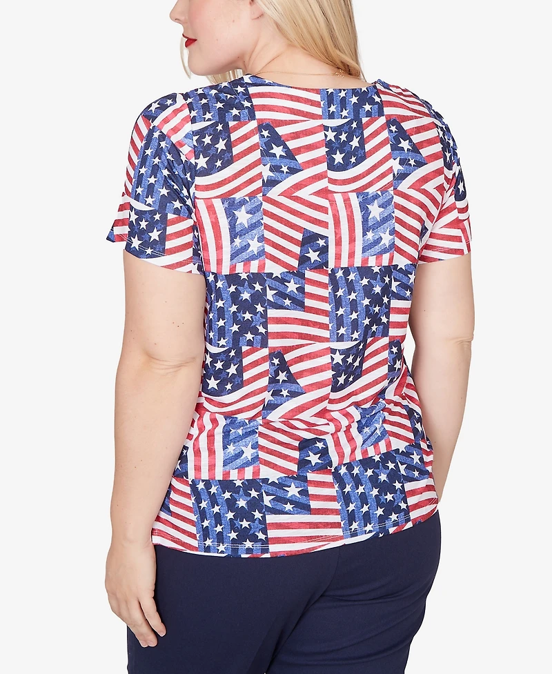 Alfred Dunner Women's Lady Liberty American Flag Patchwork Keyhole T-shirt