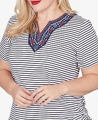 Alfred Dunner Women's Lady Liberty Embroidered Neck Striped Side Tie Top