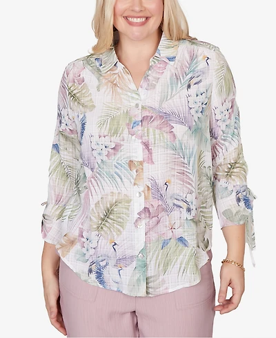 Alfred Dunner Women's Vintage Charm Tropical Button Front Tie Sleeve Top
