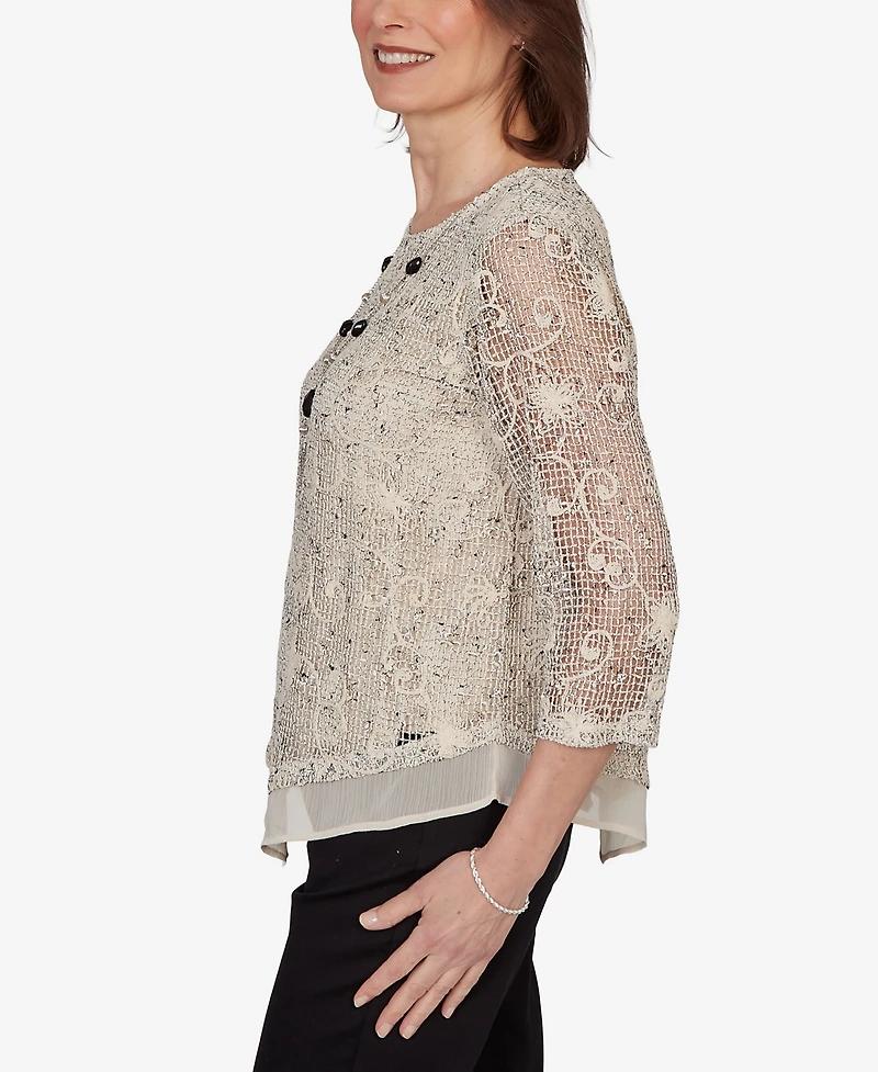 Alfred Dunner Women's Detail Driven Popcorn Mesh Pointed Hem Top with Necklace