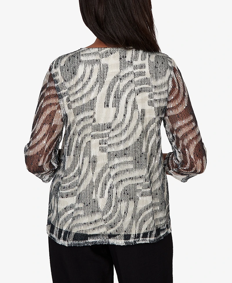 Alfred Dunner Women's Detail Driven Animal Popcorn Embellished Top with Necklace