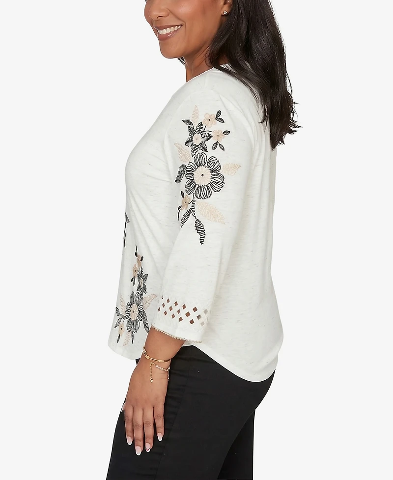 Alfred Dunner Women's Detail Driven Floral Embroidered Textured Top