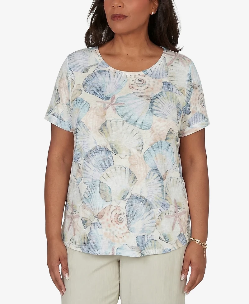 Alfred Dunner Women's Vintage Charm Seashells Embellished Short-Sleeve Top