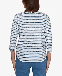 Alfred Dunner Women's Classic Medallion Embroidered Stripe V-Neck Top